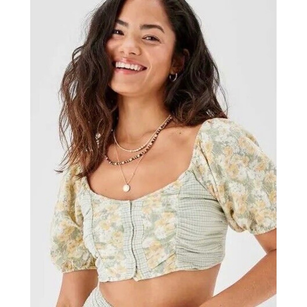 American Eagle Floral Puff Sleeve Crop Top Large Green Yellow Boho Cottagecore